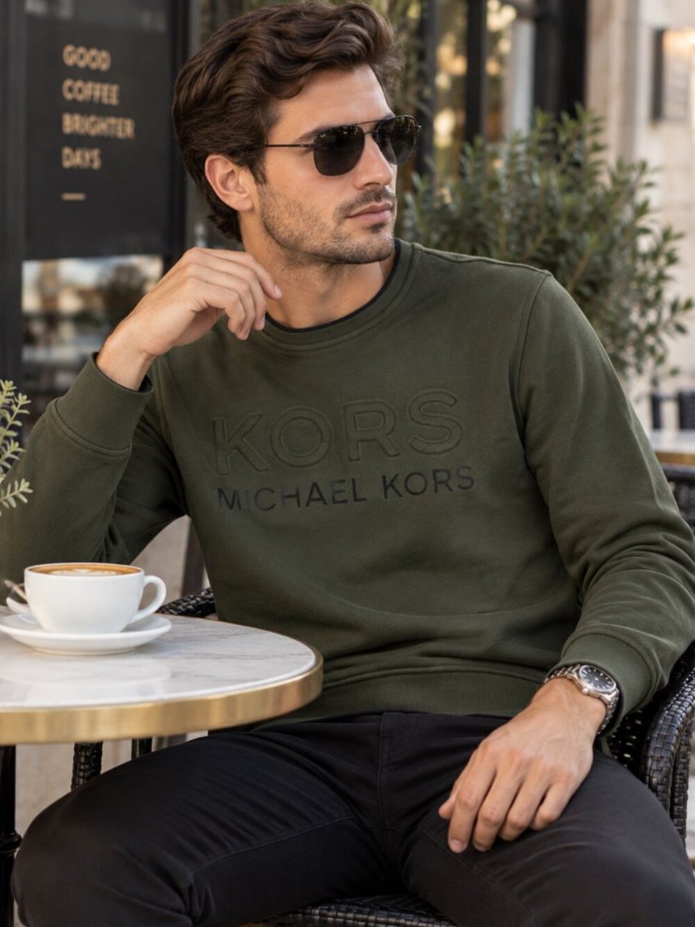 Michael Kors Men’s Olive Green Embossed Logo Crewneck Sweatshirt Size M